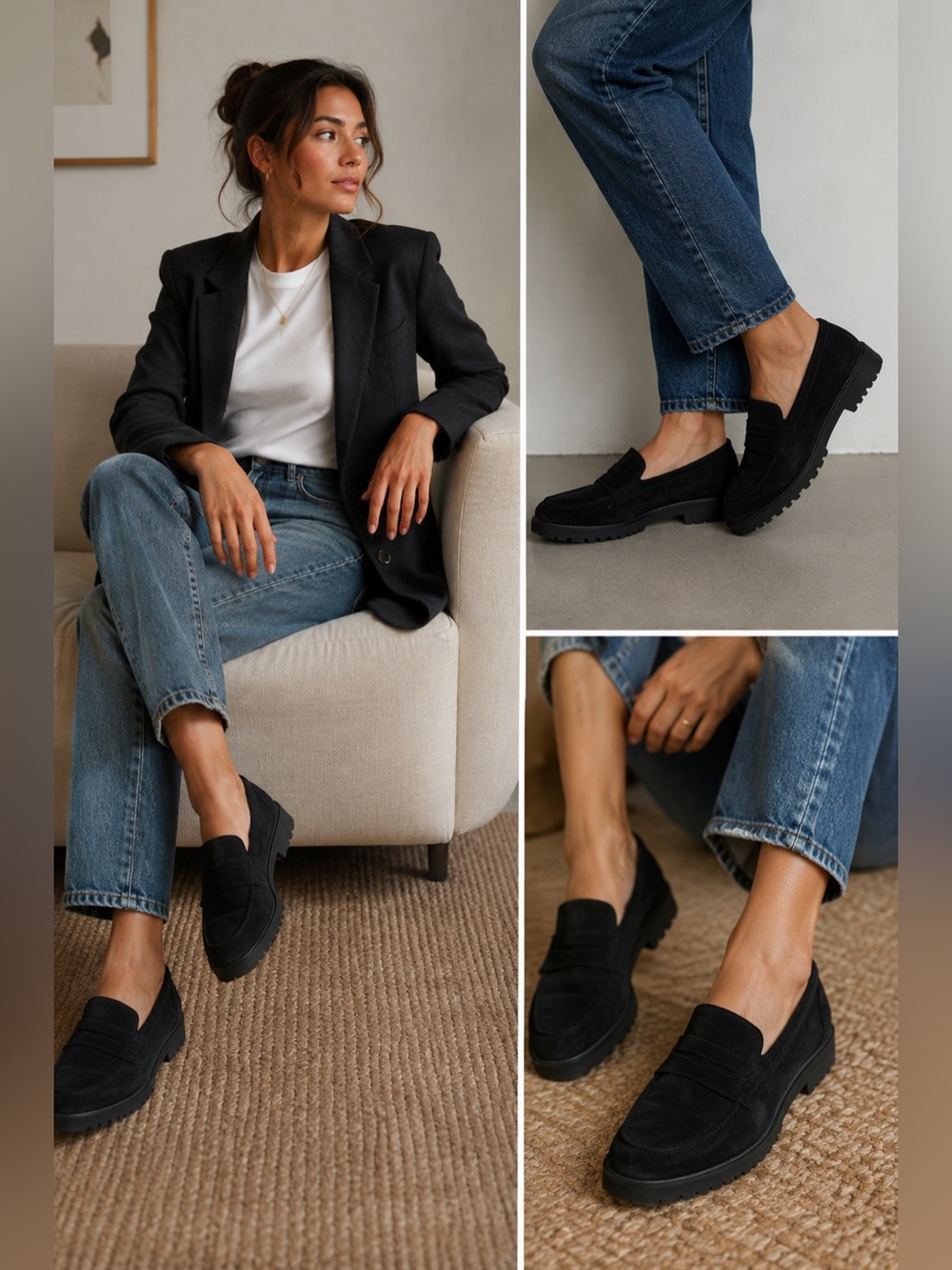 $498 PAUL GREEN Suede Penny Loafers Black Lug Sole Vibram Made in Austria Sz 8US